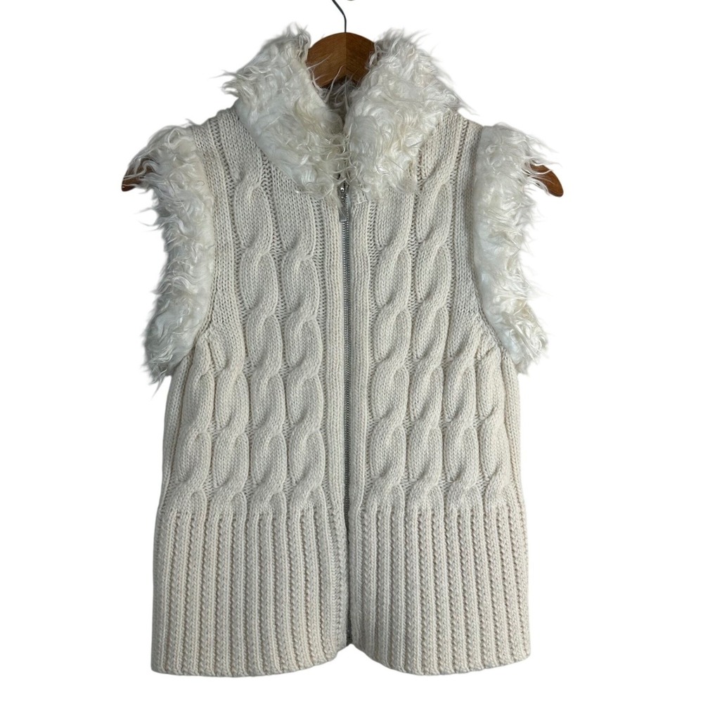 Frenchi Womens Cream Wool Blend Cable Knit Faux Fur‎ Trim Full Zip Vest Medium
